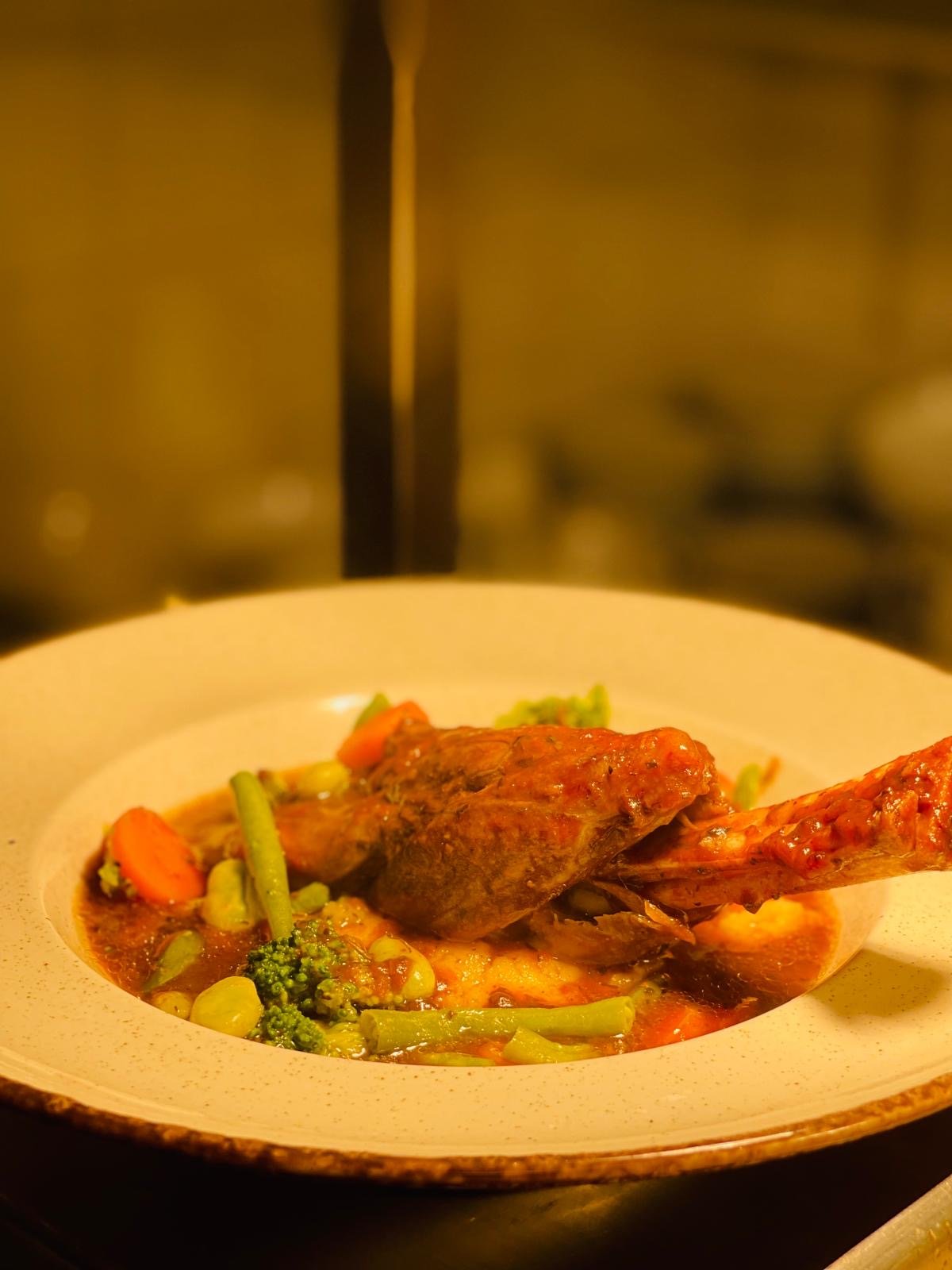 Warm plated fish with seasonal vegetables